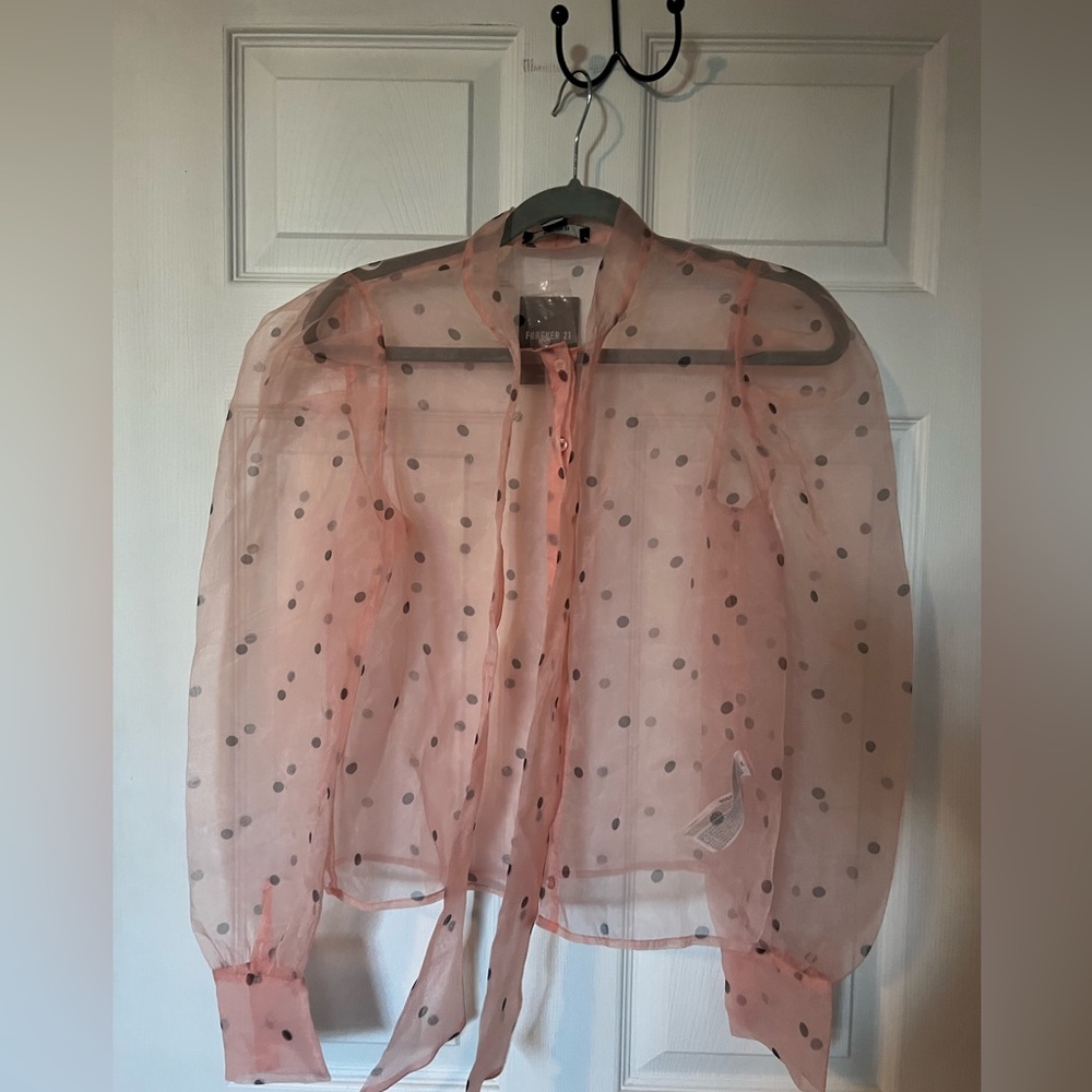 Forever 21  sheer pink polka dot blouse size S